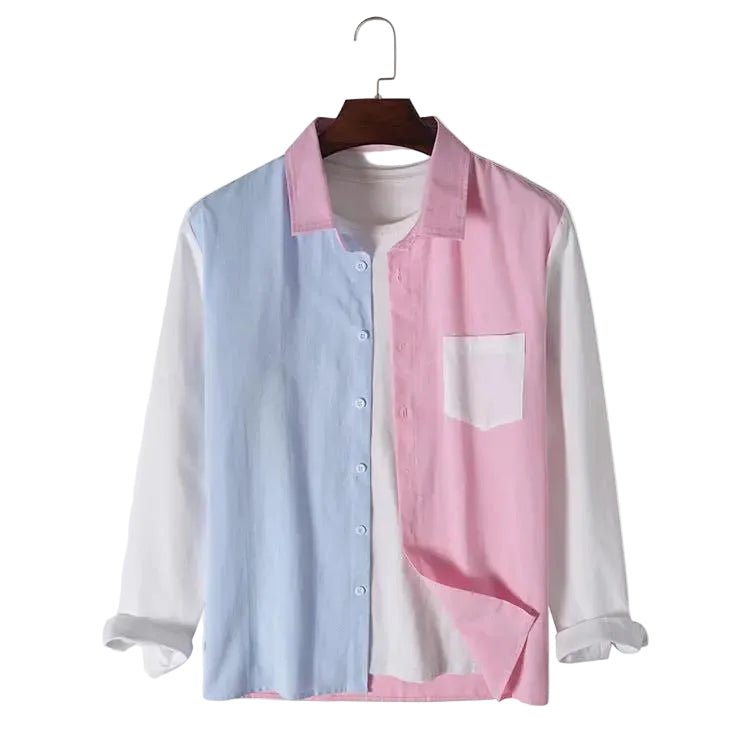 Long Sleeve Patch Men's Shirt - 0 - Dan Flashes - Pink - Fashion Lapel Long Sleeve Colorblock Men's Shirt Dan Flashes